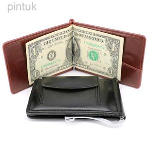 Pengarklämmor Fashion Small Mens Leather Money Clip with Coin Pocket Male ID Card Slot Cash Holder Bag Mini For Man Magnet HASP 240408