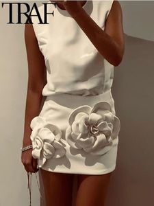 Traf Y2K Extreme Short Women Mini Gonna Suit 2024 Summer Flower Appliques Sleeveless Tops Female Crop Top Set White 240401