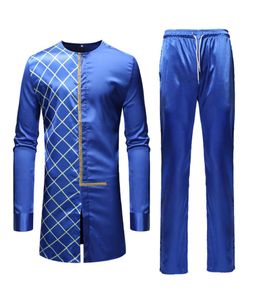 Blue African Dashiki Print Top Pant Conjunto 2 Peças Conjunto de roupas Tradicional Men African Casual Suit casual para MEN3986426