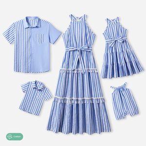 PatPat Family Matching Stripe Shirt and High Neck Halter Tiered Tassel Trim Dress Sets 240327
