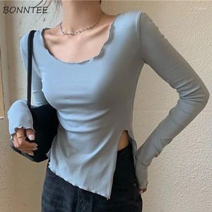 Women's T Shirts Solid T-shirts For Women Slim Asymmetrical Design Side-slit Fashion Ladies Tops Spring Outwear All-match Long Sleeve Girls