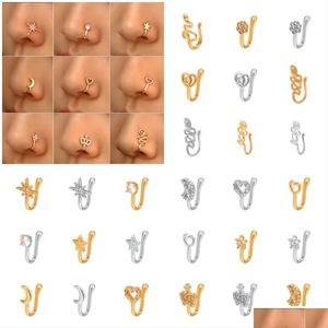 Nose Rings & Studs Creative Non-Perforated U-Shaped Clip Ring Copper Inlaid Zircon Star Love Crown Pierced Piercing Drop Delivery Jew Dh0Ev