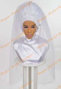 2016 Mode muslimische Brautschleier mit Perlenspitzen -Applikationen und Schnittkante Real Pos Elbow Länge Braut Hijab Custom Made4934397