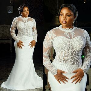 Plus Size Aso Ebi Mermaid Wedding Dress for Bride Illusion Bridal Gowns Long Sleeves Beaded Pearls Decorated Wedding Gowns for African Nigeria Black Women Girls D198