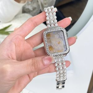 For Watch Bands 49mm 45mm 41mm 40mm 44mm Women Pearl Metal Strap Diamond Protective Case for iWatch Ultra 8 7 6 5 4 3 SE 240326