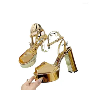Sandaler Kvalitetsprodukt 2024 Kvinnor Catwalk Party Wedding Casual High Heeled Shoes Sexy Luxury Thick Heels Silver Gold