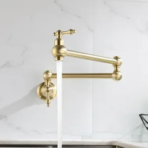 Kitchen Faucets Brushed Gold Brass Faucet Single Cold Sink Hole Two Handle Wall Mounted Foldable