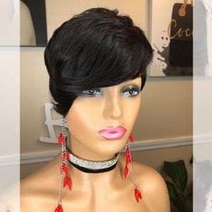 Pixie klippta peruker för svarta kvinnor Human Hår Short Cut Bob Wig Brazilian Human Hair Wigs sido del Pixie Haircut Wigs Glueless Inga spetsar peruk 180%