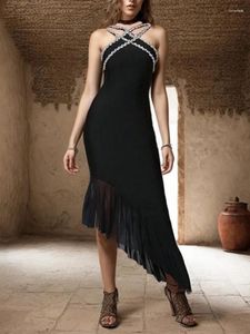 Casual Dresses 2024 Summer Sexy Beading Diamonds Black Mesh Mid-Caf Bandage Dress Elegant Evening Club Party