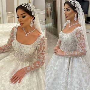 Saudi arabic crystal ball gown Wedding Dress for bride illusion wedding dresses long sleeves ruffle Dubai Qatar Bridal gowns plus size