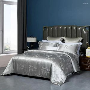 Bedding Sets Mulberry Silk 19 mm MM Silvery Beige Blue Jacquard King Flatel Flat Fell Duvet Capa 4 peças