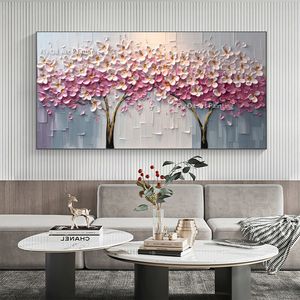 Large Custom Blooming Tree Canvas Oil Painting Handmade Abstract Cherry Blossom Canvas Painting Pink Flower Painting Living Room Home Decor