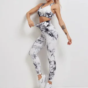 Kvinnors leggings sexiga lady yoga byxor och bh tie dye design slap-up nylon spandex hög midja byxa sport 2 bit set