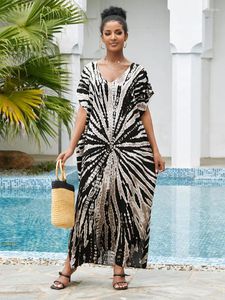 Boho Print Robe Plus Size Kaftan V-hals Half Sleeve Beachwear Cover-ups Woman Summer Slit Loose Dress Bikini Cover Up Q1382