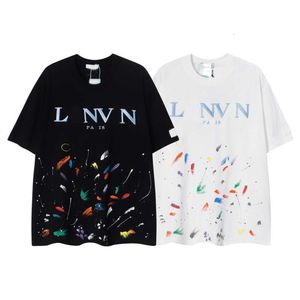 Designer Luxury Lanvin Classic Spring/verão Novo grafite de graffiti bordado a jato de graffiti de grafite solto e confortável Camiseta de casal de manga curta