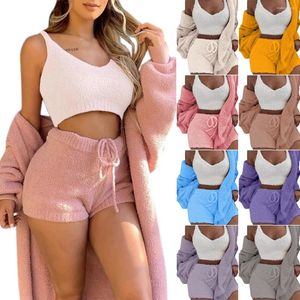 Damen Hoodies bequem Strick Pyjama Set Crop-Top mit V-Ausschnitt Winter Plüsch Loungewear Casual 3-teilige Langarm-Shorts Sports Sportler