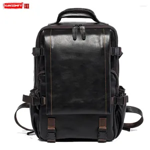 Rucksack echtes Leder -Herren großer Kapazität Kuhwahnsinns -Rucksäcke Schulter Laptop Bag School Vintage Soft Schwarz