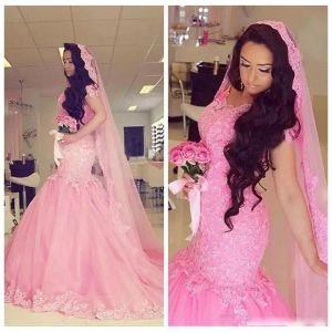 Dresses Pink Lace Mermaid Wedding Dresses 2018 Summer Cap Sleeves Bridal Gowns Custom Made Sweep Train African Wedding Vestidos Free Shipp