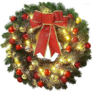 Decorative Flowers Led Christmas Wreath Large Red Bow Colored Balls X-mas Front Door Merry Decorations Ornament Navidad Supplies