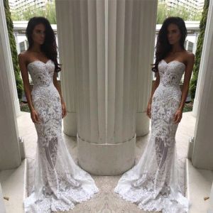 Dresses 2017 New Sexy Cheap Mermaid Wedding Dresses Sweetheart White Lace Appliques Beaded SweepTrain Sheer Illusion Plus Size Formal Brid