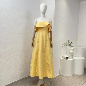 Casual Dresses Top Quality 2024 Collection Pink Ruffles Sleeveless Waist A-line Women Yellow Tube Midi Dress