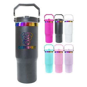 Rainbow underneath 30oz flip top straw tumblers For Laser Engrave blank sublimation Vacuum Insulated Water Bottle matte colored for customized gifts 20pcs/case