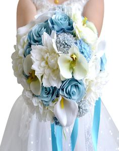 2018 Neue Hochzeitsstrauß Blau Creme Spitze Satin Künstlicher Satin Posy Broschchen Bouquet für Brautbrautjungfernland Hochzeit CPA15446072619