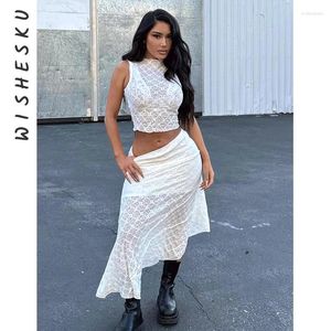 Work Dresses Two Piece Set Women Lace Embroidery Skirts Outfits Sexy Sleeveless Crop Top High Waist Irregular Long Skirt 2024 Spring Summer