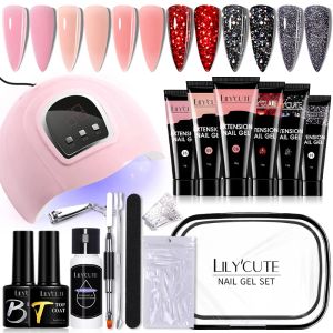 Kits lilycute 15ml unhas unhas gel conjunto com lâmpada UV Solução de manicure completa Slip slip unha arte de extensão rápida conjunto de ferramentas