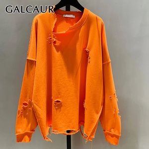 Galcaur överdimensionerad tröja för kvinnor o nacke långärmad hål koreanska tröjor designer tröjor kvinnliga modekläder 240407