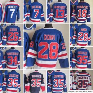 1926-1999 Film Vintage CCM Buz Hokey Forması Nakış 35 Mike Richter 7 Rod Gilbert 13 Sergei Nemchinov Walt Tkaczuk Joe Kocur Tie Domi Forma Retro