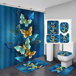 Duschgardiner Blue-Golden Butterfly Curtain Set With Rug Toalett Lock Cover Bath Mat Waterproof Polyester 12 Plastkrokar