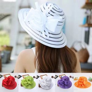 Kvinnor Organza Sun Hats Elegant Ladies Bucket Hat Wedding Church Party Hat Summer Wide Brim Big Floral Fedora Hat 240327