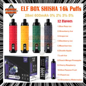 Original Elf Box Shisha 16000 Puff Disposable Vape Pen 0.6Ohm Mesh Coil Förfylld 28 ml POD Laddningsbara batteripuffar 16K 0% 2% 3% 5% E Cigaretter vs AF Crown Bar Randm 10K