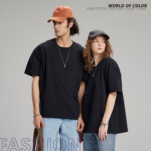 Japanese Heavyweight Street Loose Shoulder T-shirt Pure Cotton Men's Solid Color Short sleeved Grey Blue Large Men's T-shirt 888