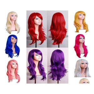 Perucas de cosplay 70 cm de onda solta sintética para mulheres peruca azul azul vermelho rosa cinza purple Party Human Halloween Christmas Drop Delive Otegu