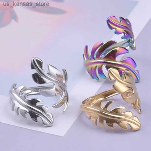 Cluster Rings New personalized leaf shaped open adjustable ring suitable for women stainless steel fashion feather shaped finger shaped jewelry Anillos240408