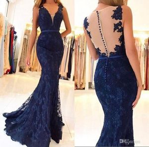 New Elegant 2018 Dark Navy Lace Mermaid Prom Dresses Sleeveless Beaded Appliques vestido de festa Long Evening Pageant Party Gowns6674194
