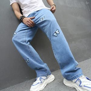 Men's Jeans Loose Straight Men Good Quality Personality Butterfly Embroidery Motorcycle Male Denim Pants For Trousers