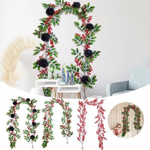 Flores decorativas guirlanda de baga vermelha com folhas verdes de natal com galhos rústicos de galhos artificiais grinaldas de aro artificial