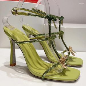 Sandálias Cristal embelezadas com salto alto de verão feminino peep dedo borboleta kno moda moda moda sapatos saltos magros
