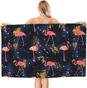 Towel Pink Flamingos Beach Flamingo With Palm Leaves Golden Glitter Dots On Dark Blue Quick Dry Bath Pool Sand Proof