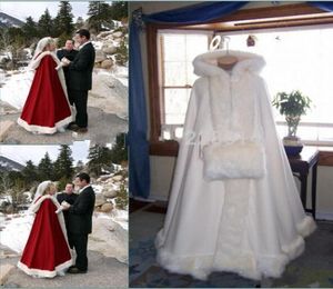 Neues romantisches echtes Bild mit Kapuze Braut Cape Elfenbein Weiß Langes Hochzeitsumhang Faux Fell für Winter Hochzeit Brauthülle Braut Cloak P8989148