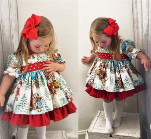 Retro Kids Baby Girl Weihnachten Prinzessin Kleid Santa Claus Print Puff Ärmel Back Bow Party Ball Kleid Swing Kleid 16Y1421323