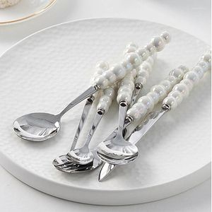 Set di stoviglie manico perle in ceral in acciaio inossidabile posate set da campeggio cucchiaio da tavolo da tavolo completa cucchiai forchette cucina