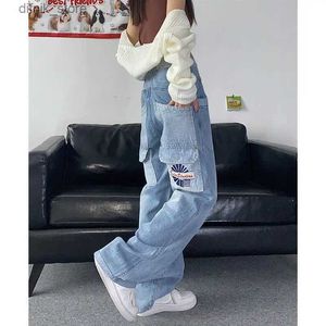 Kvinnors jeans amerikanska strt mode retro jeans kvinnor y2k ny multi-pocket rak moppande bredben byxor par hip-hop casual lösa jeans y240408