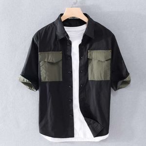 İş giysisi cep paneli tasarım Amerikan gündelik gömlek kısa kollu erkek kontrast üst moda yaz gevşek gündelik gömlek