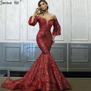 Party Dresses Dubai Red Sequined Off Shoulder Sexy Prom 2024 Senaste Design Mermaid Long Sleeves Luxury Gowns BLA60993