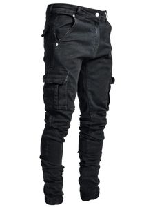 Jeans män svarta lastbyxor multi fickor denim pantalones blå smal passform overol hombre mode casual streetwear byxor 3xl 240320