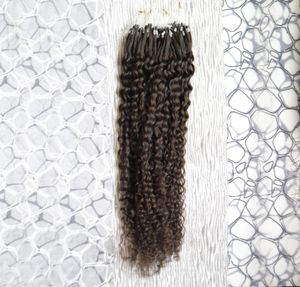 Mänskliga hårförlängningar kinky lockiga mikroslingringring hårförlängningar 100g 1gs 100s remy mikro pärla hårförlängningar mörkaste brun8619474